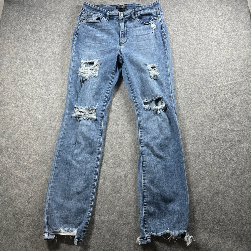 Judy Blue Straight Leg Jeans Women 11/30 Blue Distressed Ripped Raw Hem